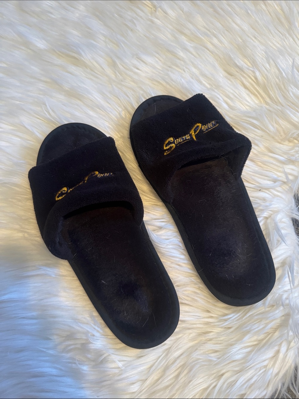 Well worn slippers Black Slide Sandals with Gold Script Logo